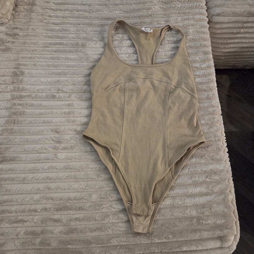 Intimately Free People Racerback Seam Bodysuit Tan Beige Cotton Small OB1257872